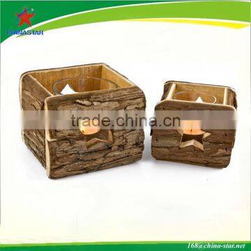 natural wood candle stand with bark