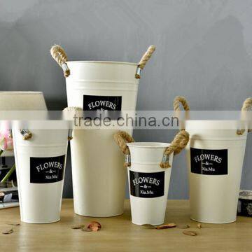 Rustic Metal Galvanized Flower Plant Pot With Hemp Rope Handles photo-2