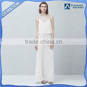 summer clothing spaghetti strap plain white chiffon maxi dresses women long dress chiffon new style