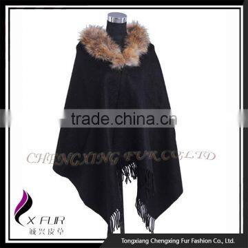 CX-B-P-43K Lady Fashion Raccoon Fur Trim Cashmere Poncho/ New Design Pashmina Shawl photo-6