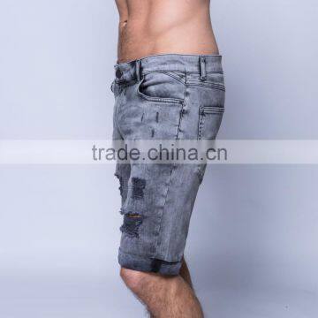 Summer & Fall Custom Men's Skinny Medium Wash Destroyed Denim Shorts Jeans photo-4