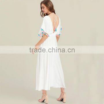 Designer Tassel Trim Boho Dress, Women White Deep V-neck Maxi Dress photo-2