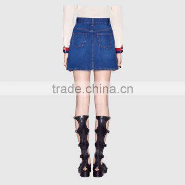 2017 Fashion Custom High Waisted Girls Sexy Floral Embroidered Denim Mini Skirt Casual Fit Latest Women Jeans Skirt photo-4