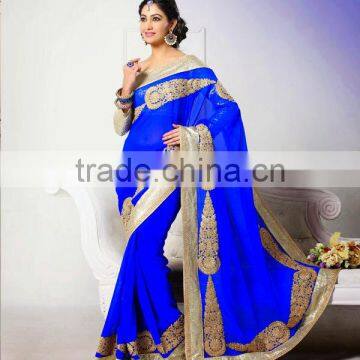 Beauteous Blue Color Saree With Silver Bordered Blooming Bliss Designer Sarees Collections