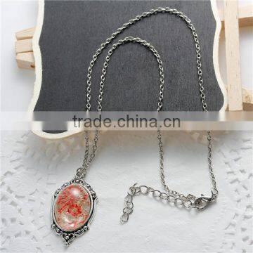 Glass Bottle Locket Necklace Antique Silver Link Cable Chain Oval Pendant Transparent With Pink Dried Flower 46.5cm Long