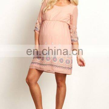 CK023 fashion design pink chiffon floral paisley print maternity dress