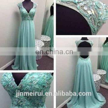 Sparkly Beaded Rhinestones Lime Green Sexy V-neck Open Back Backless Prom Dress 2016 J17