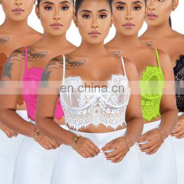 Women Sexy Solid Lace Transparent See Through Short T Shirt Spaghetti Strap Tops Camis photo-2