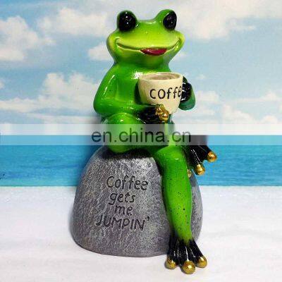 resin green frog Creative Green Frog Sitting on Stone Statue Drinking Coffee Indoor Outdoor Garden Statue