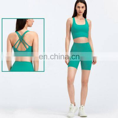 Best Sell Neon Color Cross Back Sports Bra And Crotchless Shorts Two Piece Yoga Set Women Gym Running Wear Sports Outfit