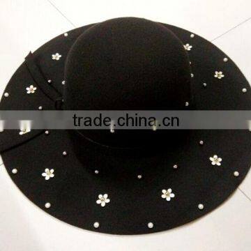 Fashion Women Flower Pearl Beaded Large Brim Trilby Fedora Hats With Ribbon