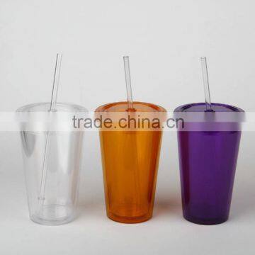 16oz PS Double Wall Reusable Plastic Cup With Lid and Straw