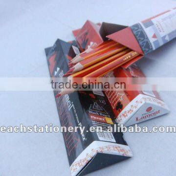 12pcs/pack triangle shape wooden pencil with eraser, red lead and black lead.