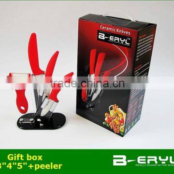 BERYL 5pcs Gift Set , 3"/4"/5"+peeler+Knife Holder Ceramic Knife Sets 3 Colors Curve Handle,White Blade, CE FDA Certified photo-3