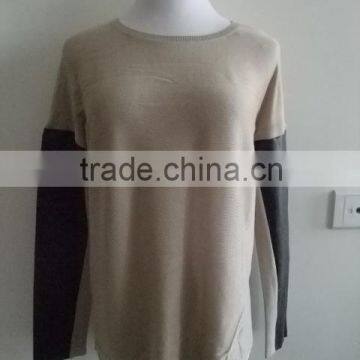 Ladies knitted o neck Pullover, Sweater with leather sleeve