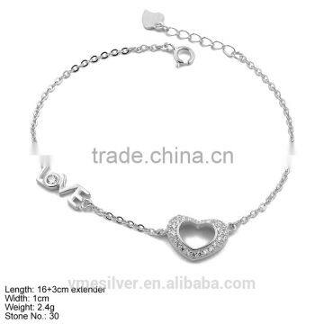 BZA2-003 2016 Fashion Design Heart with Letter Love 925 Sterling Silver Bracelet with AAA CZ Stones