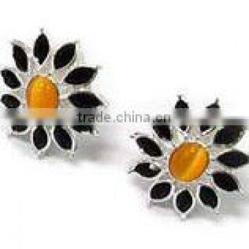 Fashion metal silver flower stud earrings , decorated with enamel, Customized Colors or LOGO and OEM design accept