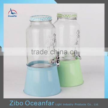 Factory Price 5L Mason Jar Dispenser Embossed Glass Juice Jar Cylinder Glass Drink Dispenser With Tap