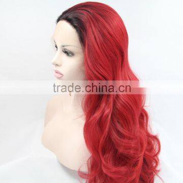 Dark Black to Burgundy Wavy Synthetic Lace Front Wig Glueless Ombre Celebrity Front Lace Wig Blonde photo-3