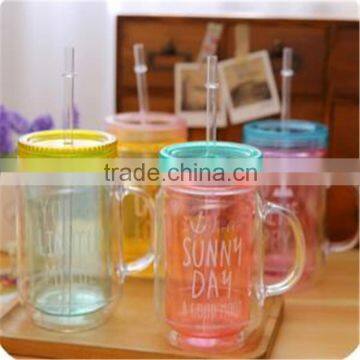 Double wall coloured plastic mason jar with straw and plastic lid 500ml-600ml