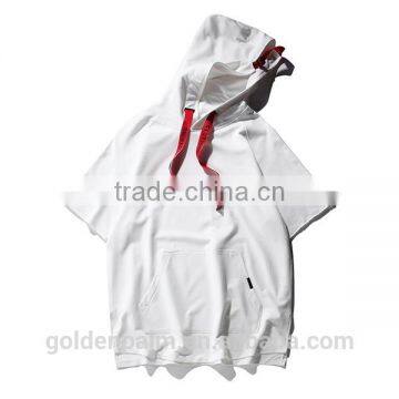 OEM manufacture high quality drawstring plain mens short sleeve hoodie