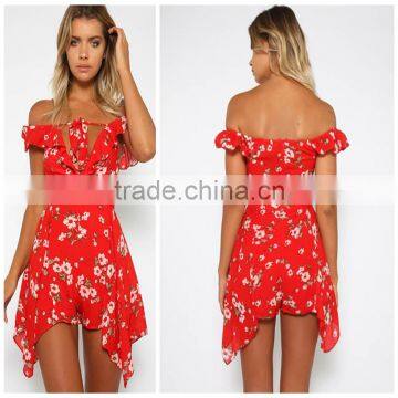 Ladies Fashion Off The Shoulder Floral Print Irreglar Chiffon Romper