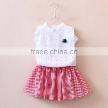 Wholesale suits baby girls white hollow tops and plaid short skirt two piece suit