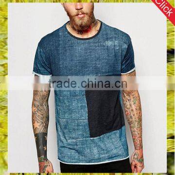 High quality mens patchwork tee shirts wholesale raw hem denim print t shirt custom logo