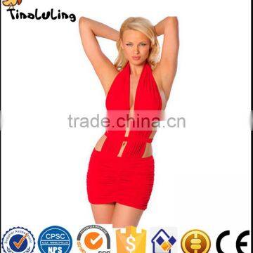 2017 new Floral Lace Side Split Halter Red sexy lingerie NightGown for women