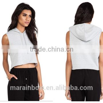 Wholesale Womens 100% Cotton Plain Grey Crop Top Sleeveless Pullover Hoodie Deep Cut Sleeveless Sweatshirts Hoodies OEM