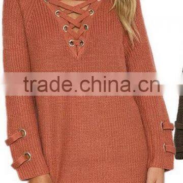 EY0850S 2016 Autumn Women Long Sleeve V-neck Loose Stitching Pullover Sweaters