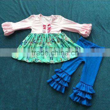 2015 Ney Style Puff Sleeve Pink Top With Bib Carousel Dress and Solid Blue Ruffle Pants YW-193 photo-2