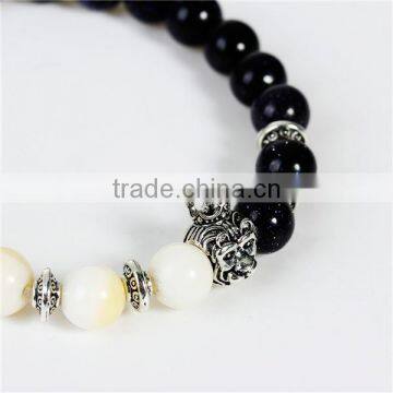New Fashion Black & White Antique Silver Monkey Head Elastic Stone Lava Blue Sand Beaded Healing Bracelet photo-2