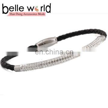 Fashion Leather braid titanium steel bracelet with rhinestone