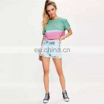 summer short sleeve distressed tie-dye cropped women t shirt