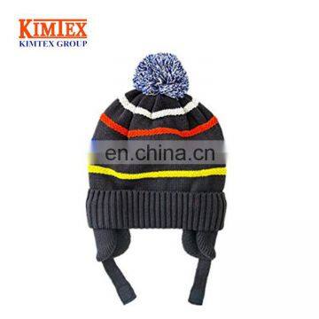 Custom Boys Kids Striped Knit Beanie Hat with Earflap Warm Cuff Winter Cap