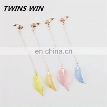 Korean new fashion school stationery .custom logo design free printable Cute Kawaii brass leaf shaped bookmarks with tassels