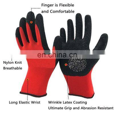 Non Slip Coating Red Nylon Knit Rubber Palm Coated Crinkle Latex Protection Safety Work Gloves