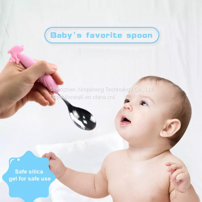 Baby food stainless steel tableware training fork soup rice spoon silicone baby spoon fork