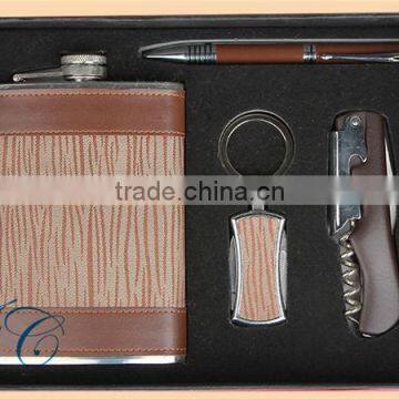 Gift sets leather hip flask&ball pen gift&opener set / wine SS hip flask