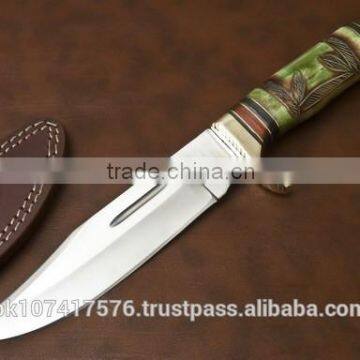 HUNTING KNIFE ENGRAVED GREEN COLOR BONE WITH BLACK PAKKA WOOD