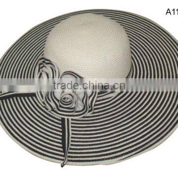 Flower Striped Straw Lady Elegant Big Beach Hat photo-3