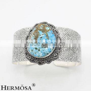 Free Shipping Marvelous Real Blue Turquoise Jewelry Handcraft 925 Sterling Silver Wide Bangle CUFF