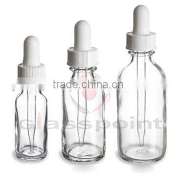 1oz boston round clear glass bottle with white glass pipette dropper