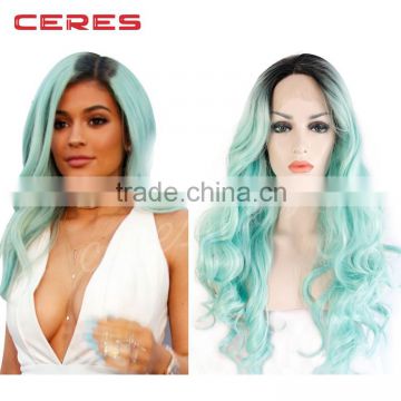 lace front black green ombre wig long wavy curly high temperature synthetic wig