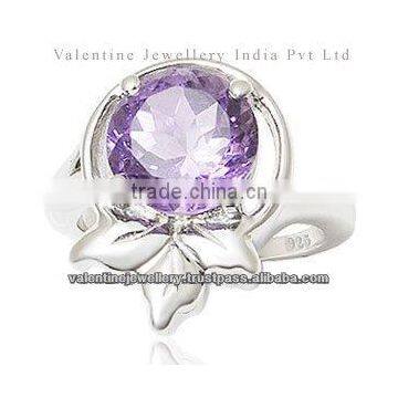 birthstone ring, round amethyst ring, amethyst silver ring