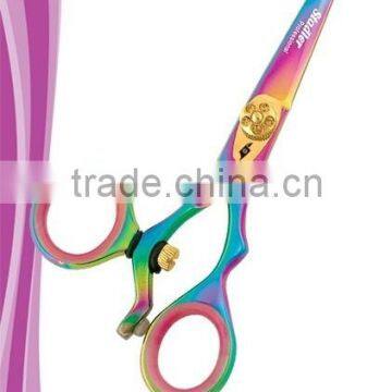 Delicate swivel hair styling shear size 5.5 inch removable finger rest tension dial and PVD Rainbow titanium coated finish