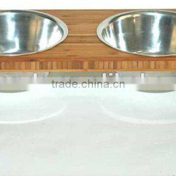 Bamboo double diner pet bowl with stainless steel bowl