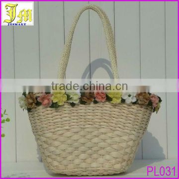 Eco Friendly New Invention 2014 Summer Straw Beach Handbag Shoulder Beach Bag For Lady With Many Beautiful Flowers