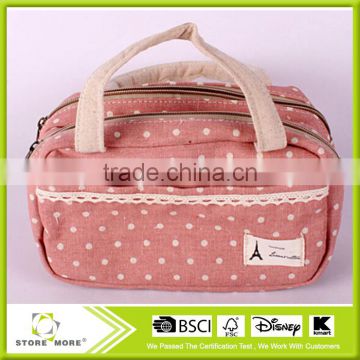 Double Layer Cosmetic Bag Pink with White Dot Travel Toiletry Cosmetic Makeup Bag Organizer!